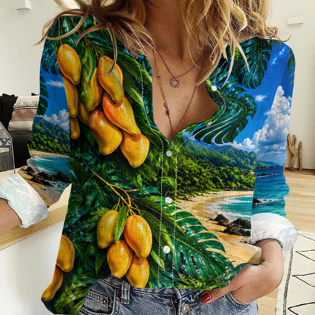 Hawaiian Mango Tropical Beach Women Casual Shirt Scenic Island Nature Exotic Fruit Graphic TS04 Female Blue Green - Polynesian Pride