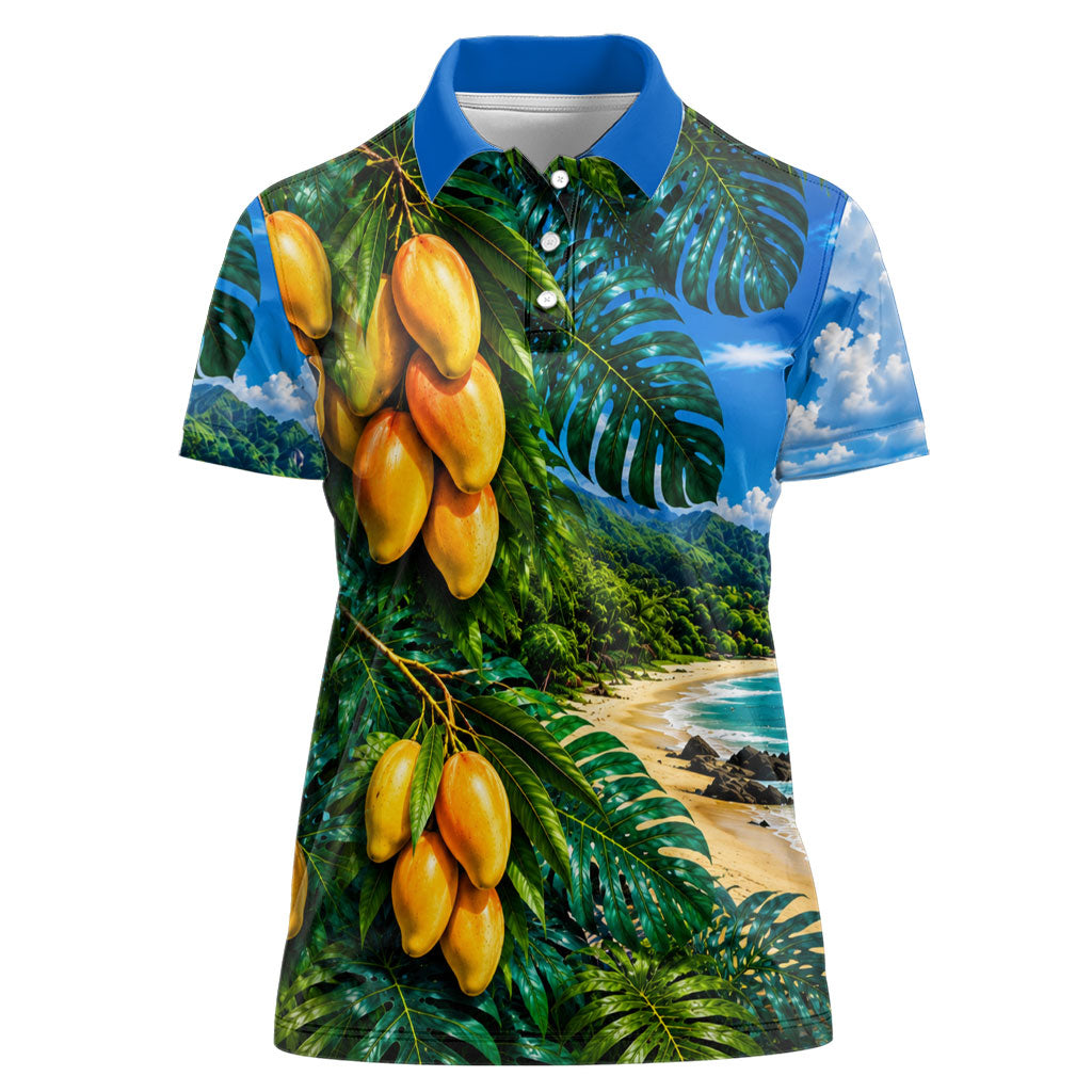 Hawaiian Mango Tropical Beach Women Polo Shirt Scenic Island Nature Exotic Fruit Graphic TS04 Female Blue Green - Polynesian Pride