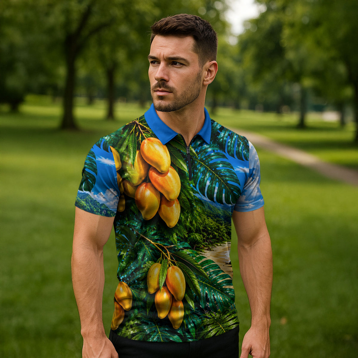 Hawaiian Mango Tropical Beach Zipper Polo Shirt Scenic Island Nature Exotic Fruit Graphic TS04 - Polynesian Pride