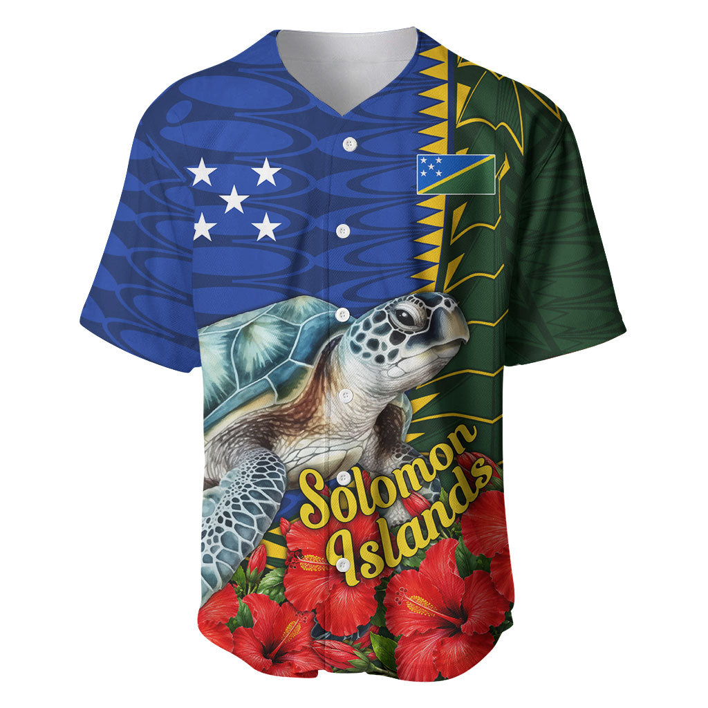 Solomon Islands Sea Turtle Baseball Jersey Patriotic Flag Coat Of Arms Tribal Hibiscus TS04 Blue Green - Polynesian Pride
