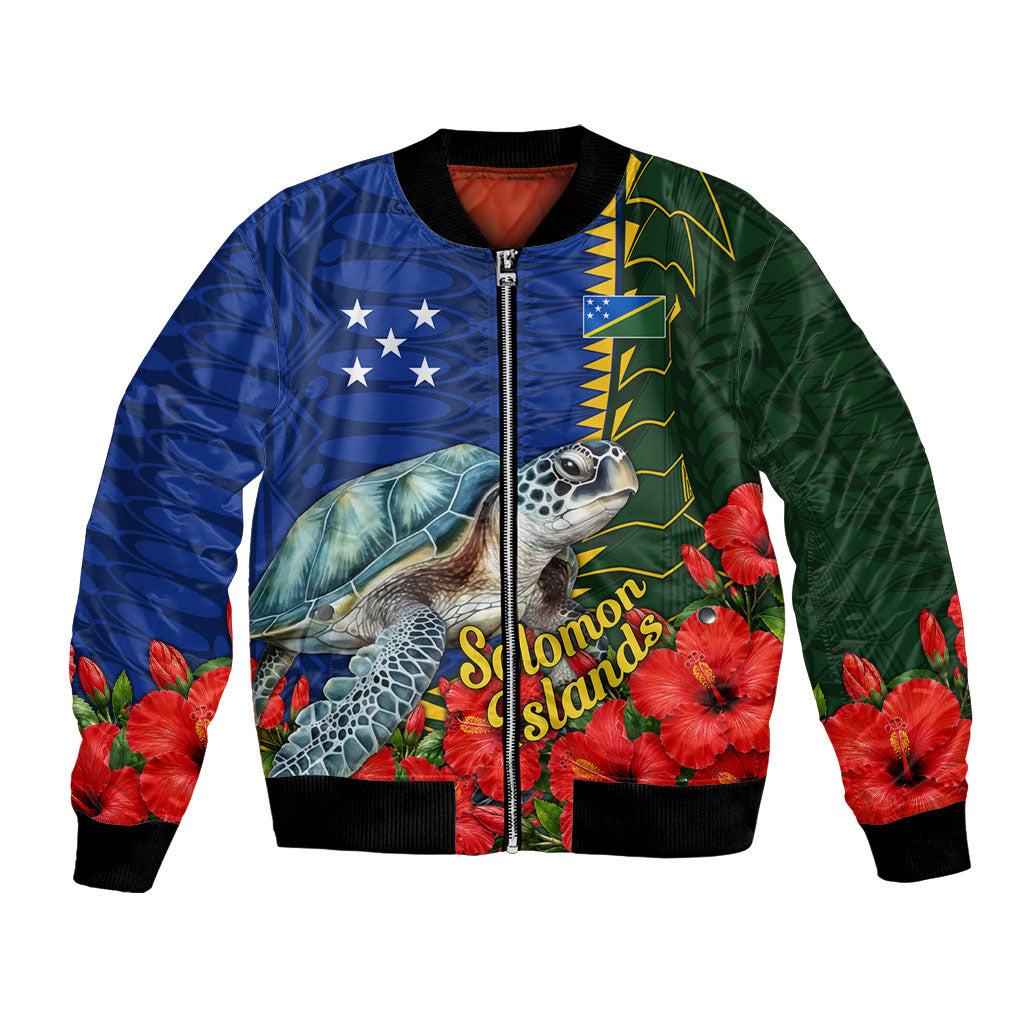 Solomon Islands Sea Turtle Bomber Jacket Patriotic Flag Coat Of Arms Tribal Hibiscus TS04 Unisex Blue Green - Polynesian Pride