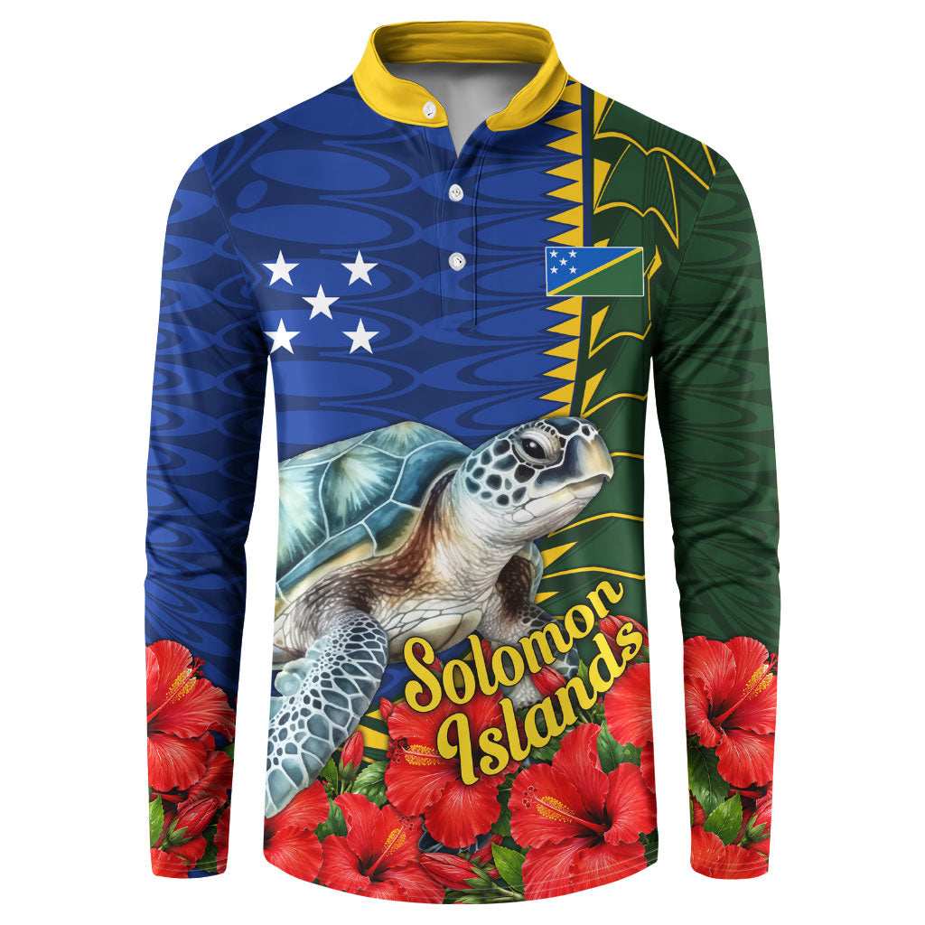 Solomon Islands Sea Turtle Button Sweatshirt Patriotic Flag Coat Of Arms Tribal Hibiscus TS04 Blue Green - Polynesian Pride