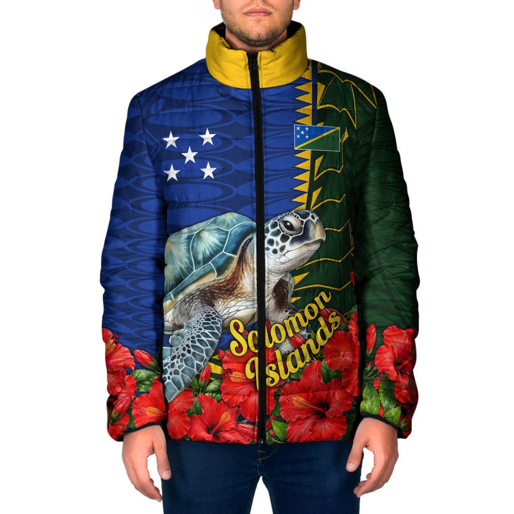 Solomon Islands Sea Turtle Padded Jacket Patriotic Flag Coat Of Arms Tribal Hibiscus TS04 Men Blue Green - Polynesian Pride