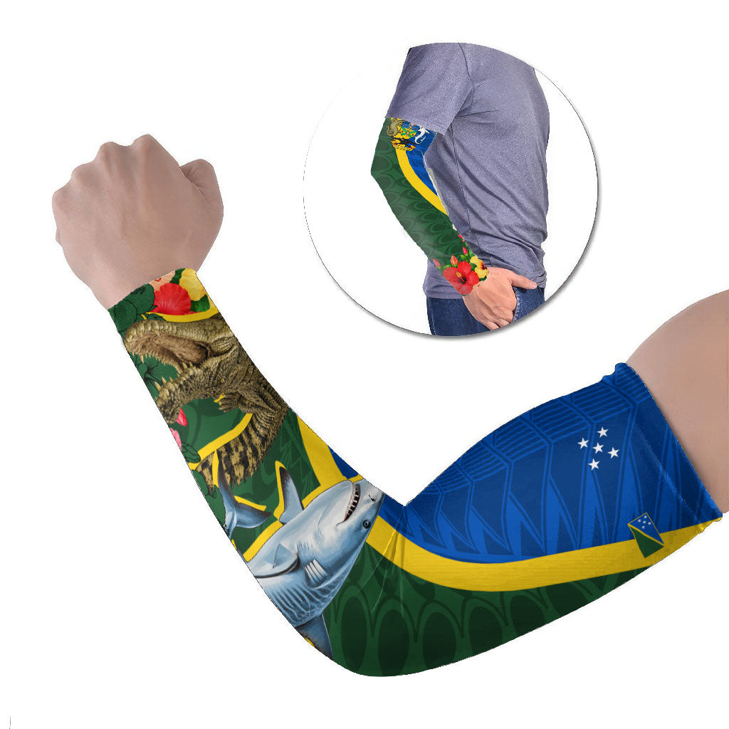 Personalized Solomon Islands Coat Of Arms Arm Sleeves Patriotic Flag Shark Crocodile Tropical Floral