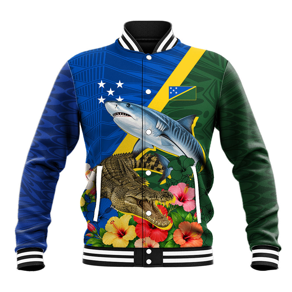 Personalized Solomon Islands Coat Of Arms Baseball Jacket Patriotic Flag Shark Crocodile Tropical Floral TS04 Unisex Blue Green - Polynesian Pride