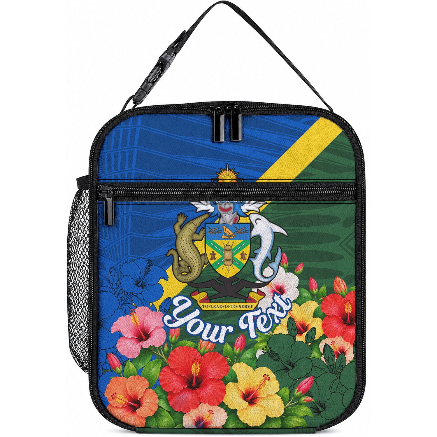 Personalized Solomon Islands Coat Of Arms Lunch Bag Patriotic Flag Shark Crocodile Tropical Floral