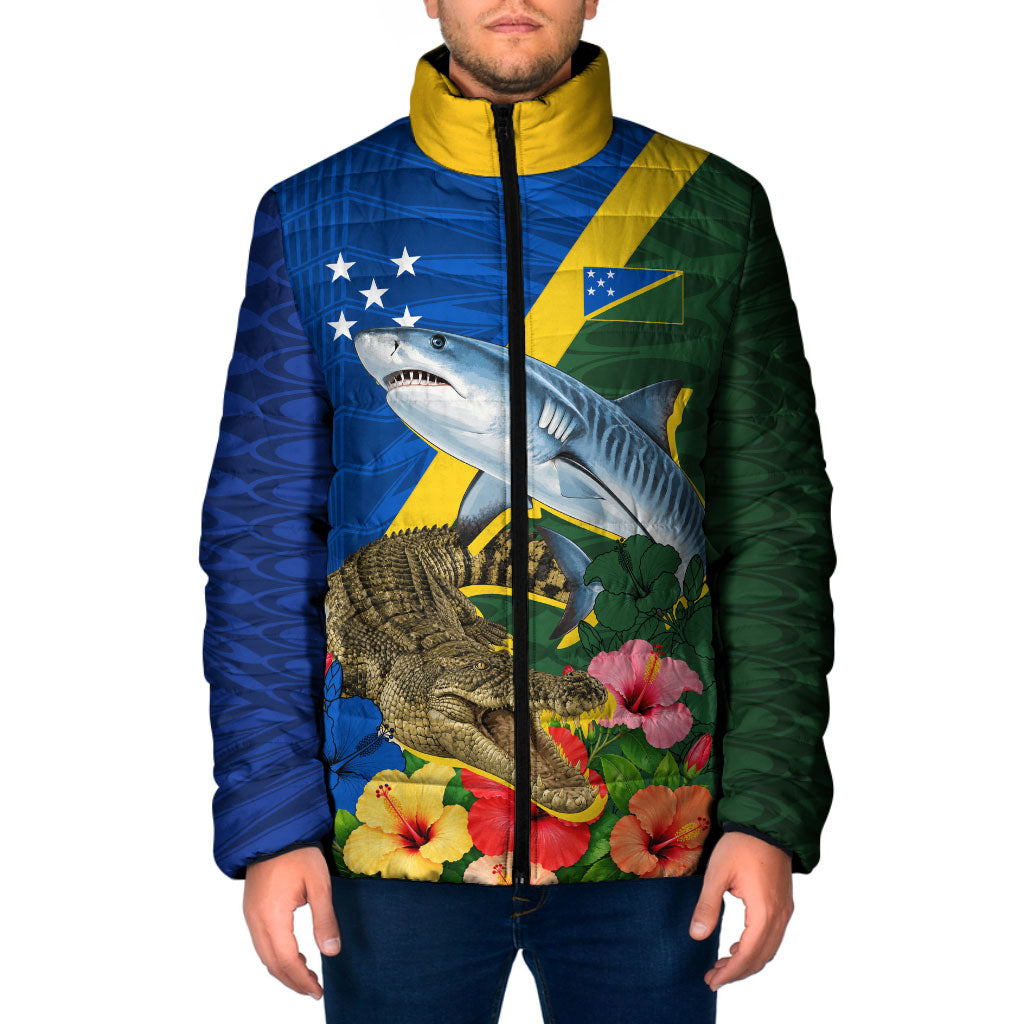 Personalized Solomon Islands Coat Of Arms Padded Jacket Patriotic Flag Shark Crocodile Tropical Floral