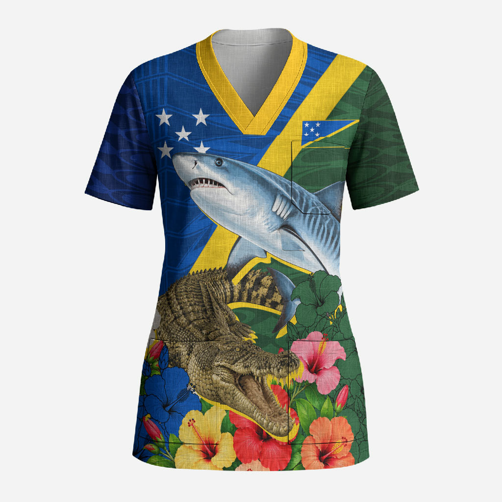 Personalized Solomon Islands Coat Of Arms Scrub Top Patriotic Flag Shark Crocodile Tropical Floral