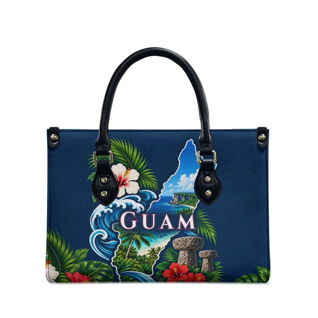 Guam Map Latte Stone Leather Bag Hibiscus Floral Coastal Landscape TS04 - Polynesian Pride