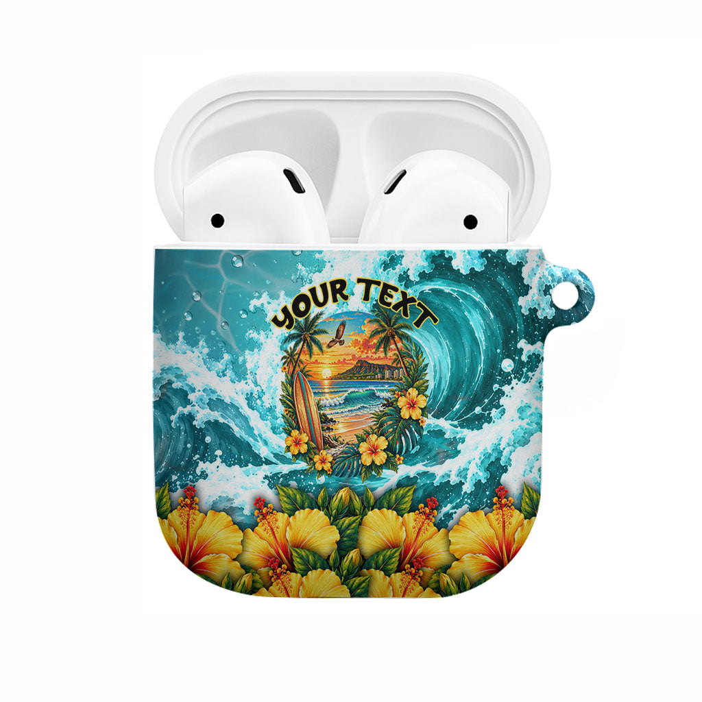 Personalized Hawaii 60th Birthday Eagle AirPods Case Tropical Sunset Beach Hibiscus Ocean Wave TS04 Blue Yellow - Polynesian Pride