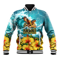 Personalized Hawaii 60th Birthday Eagle Baseball Jacket Tropical Sunset Beach Hibiscus Ocean Wave TS04 Unisex Blue Yellow - Polynesian Pride
