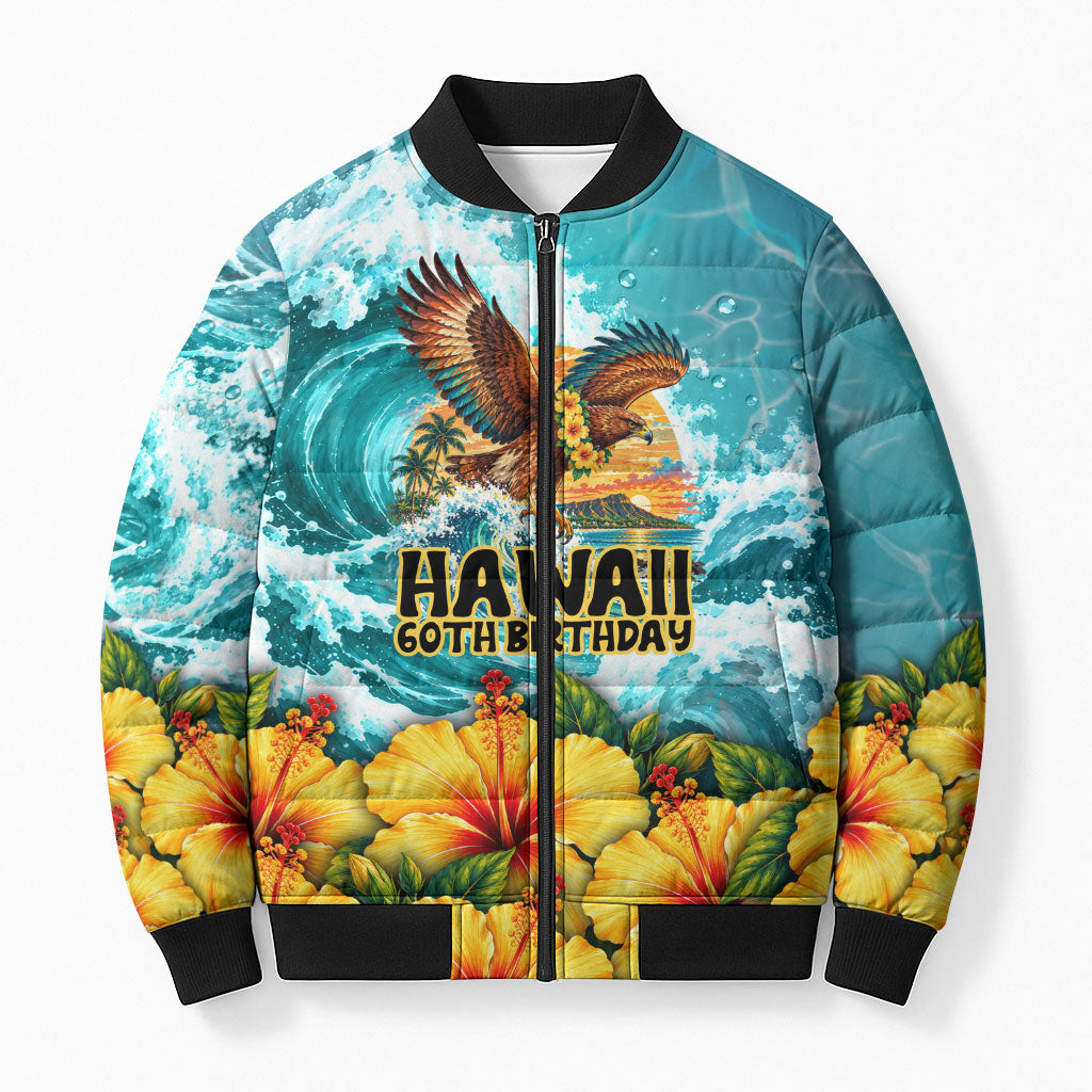 Personalized Hawaii 60th Birthday Eagle Bomber Puffer Jacket Tropical Sunset Beach Hibiscus Ocean Wave