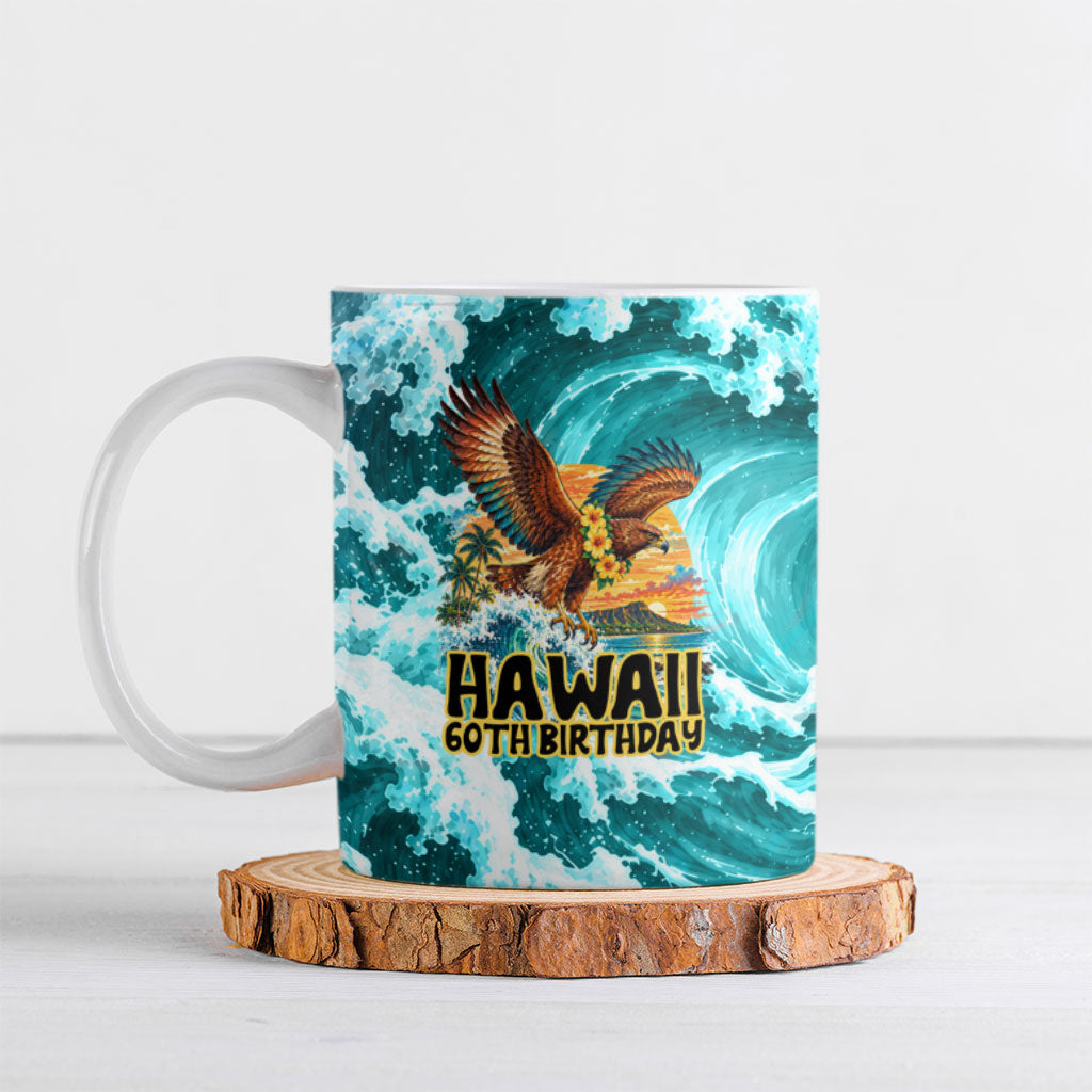 Personalized Hawaii 60th Birthday Eagle Ceramic Mug Tropical Sunset Beach Hibiscus Ocean Wave