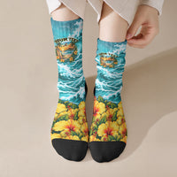 Personalized Hawaii 60th Birthday Eagle Crew Socks Tropical Sunset Beach Hibiscus Ocean Wave TS04 Crew Socks Blue Yellow - Polynesian Pride