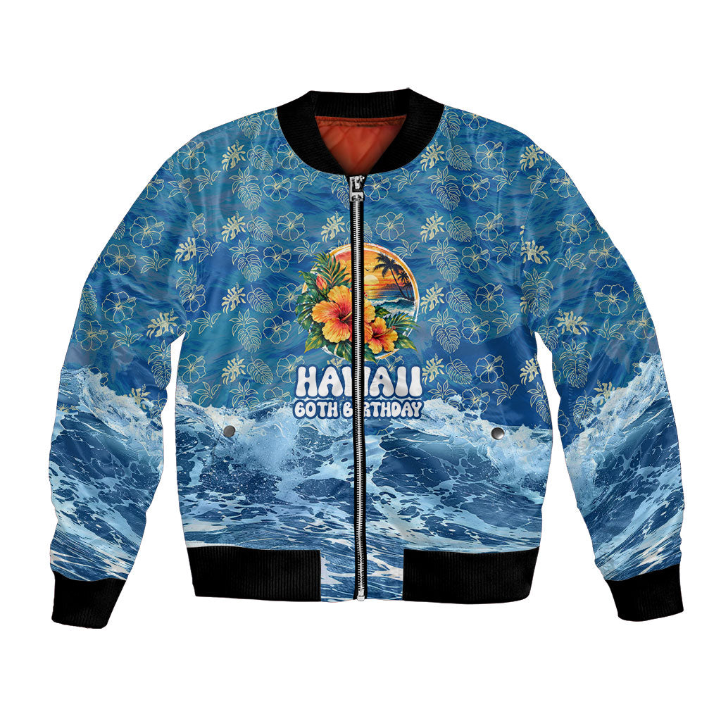 Personalized Hawaii 60th Birthday Sea Turtle Bomber Jacket Tropical Ocean Wave Floral Surfboard TS04 Unisex Blue Yellow - Polynesian Pride