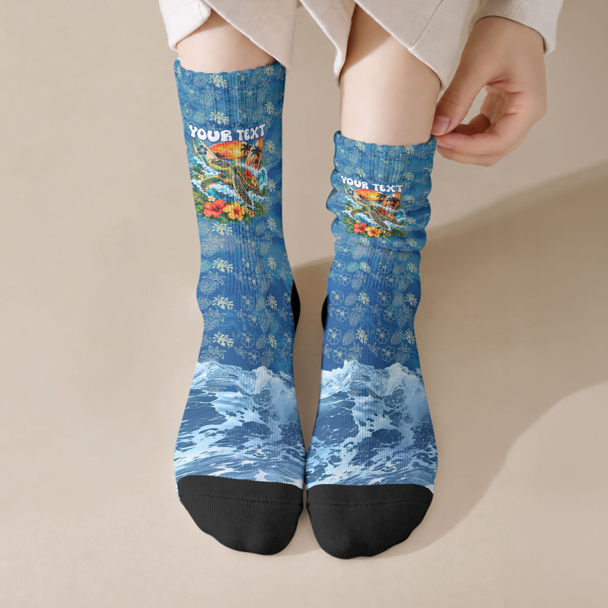 Personalized Hawaii 60th Birthday Sea Turtle Crew Socks Tropical Ocean Wave Floral Surfboard