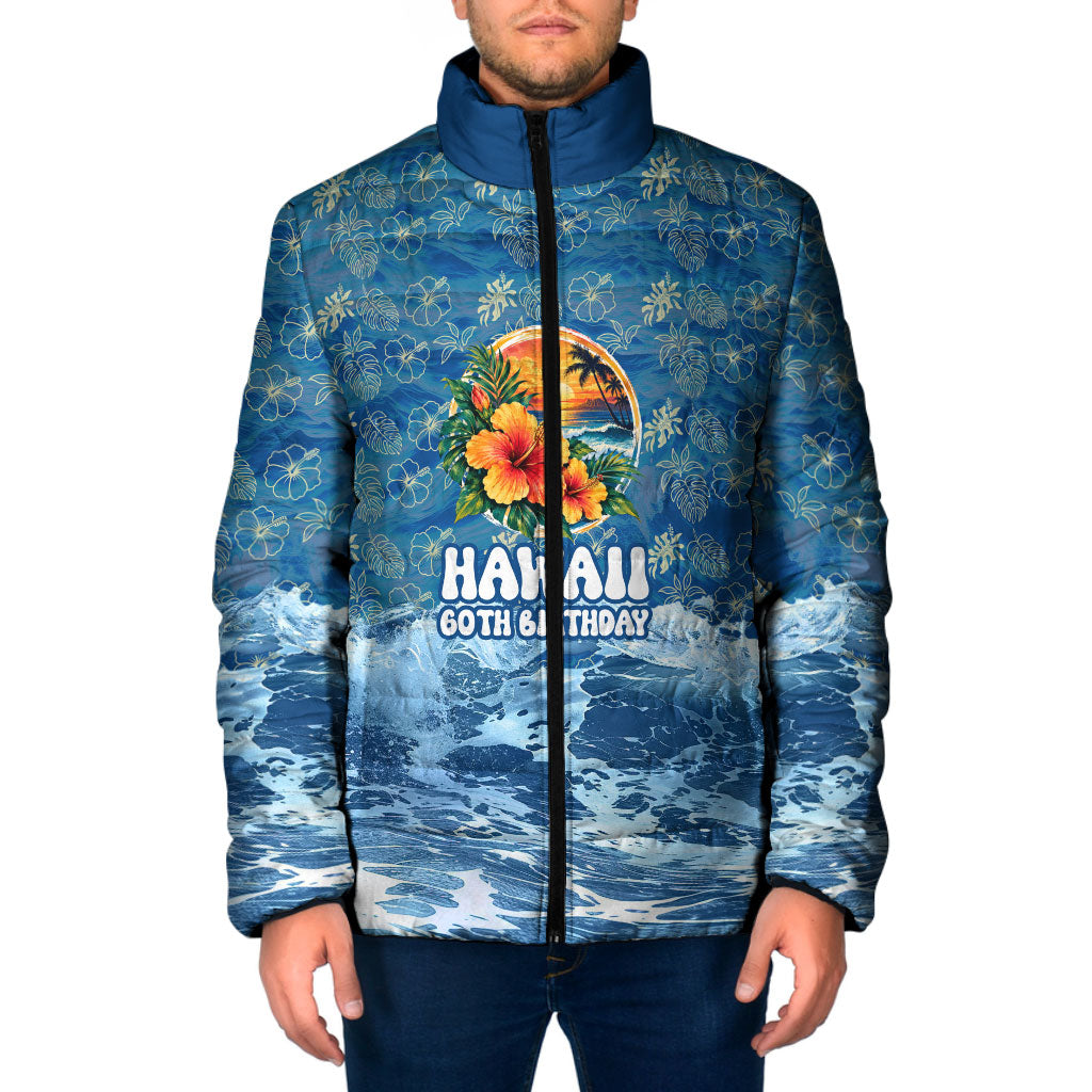 Personalized Hawaii 60th Birthday Sea Turtle Padded Jacket Tropical Ocean Wave Floral Surfboard TS04 Men Blue Yellow - Polynesian Pride