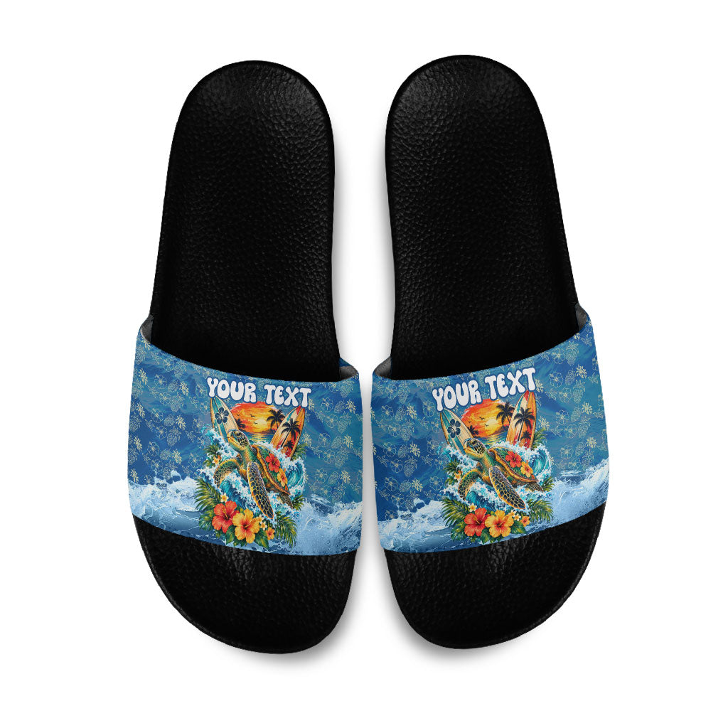Personalized Hawaii 60th Birthday Sea Turtle Slide Sandals Tropical Ocean Wave Floral Surfboard TS04 Blue Yellow - Polynesian Pride