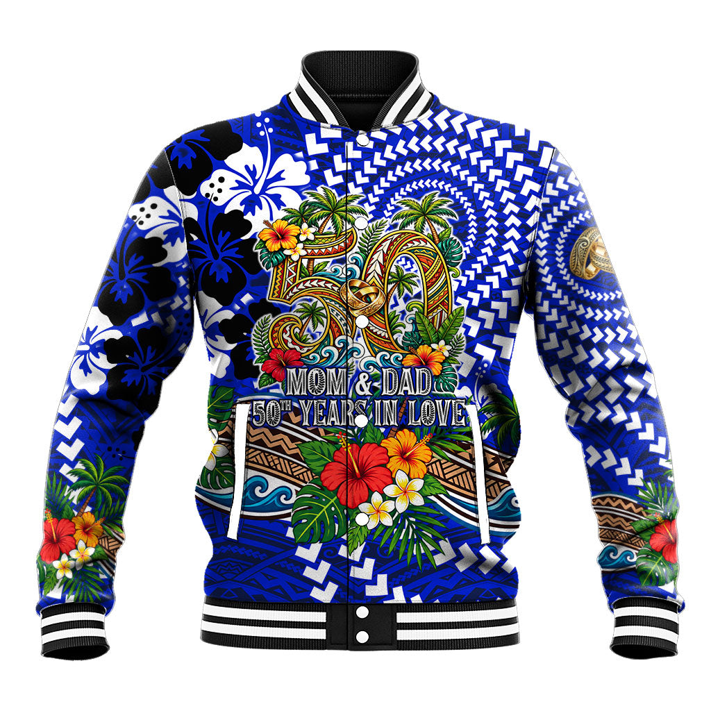 50th Anniversary Wedding Polynesian Baseball Jacket Mom And Dad Floral Tribal Jubilee Tropical TS04 Unisex Blue - Polynesian Pride