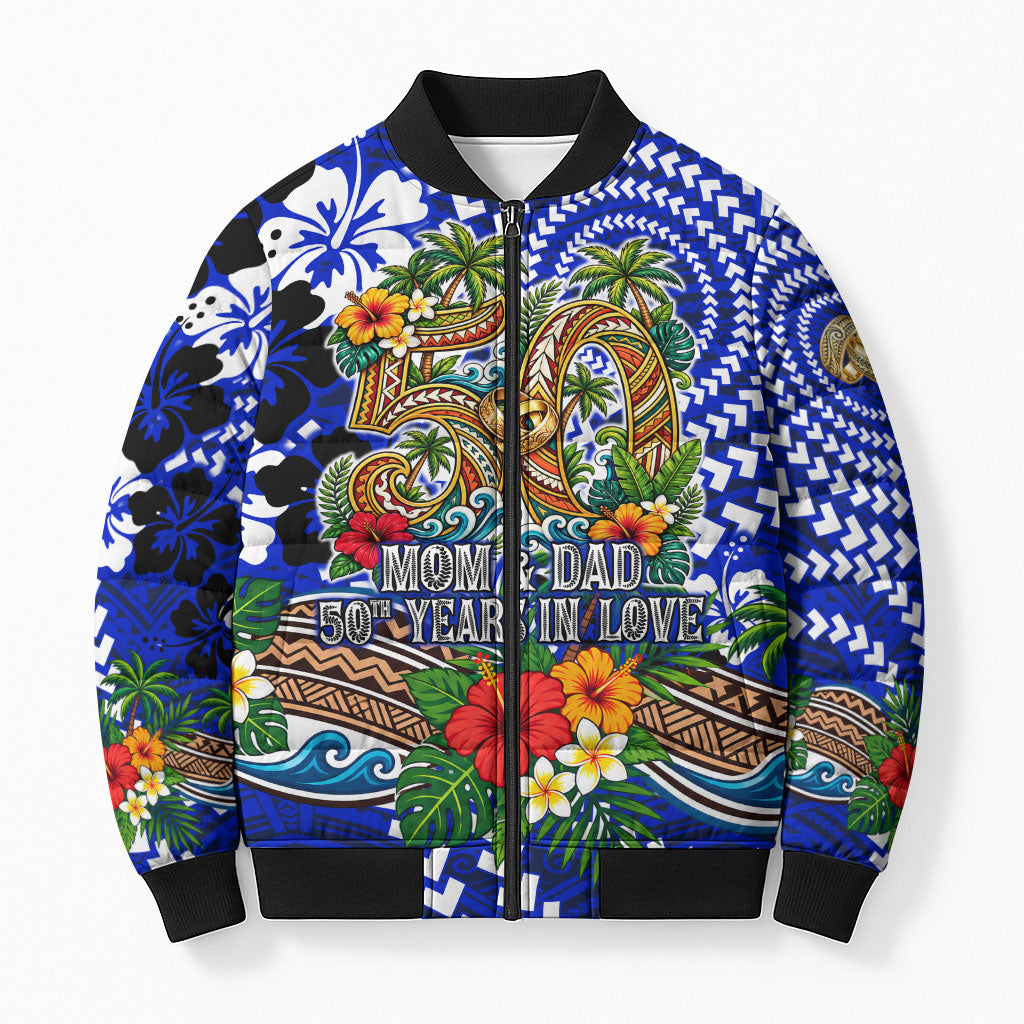 50th Anniversary Wedding Polynesian Bomber Puffer Jacket Mom And Dad Floral Tribal Jubilee Tropical TS04 Unisex Blue - Polynesian Pride