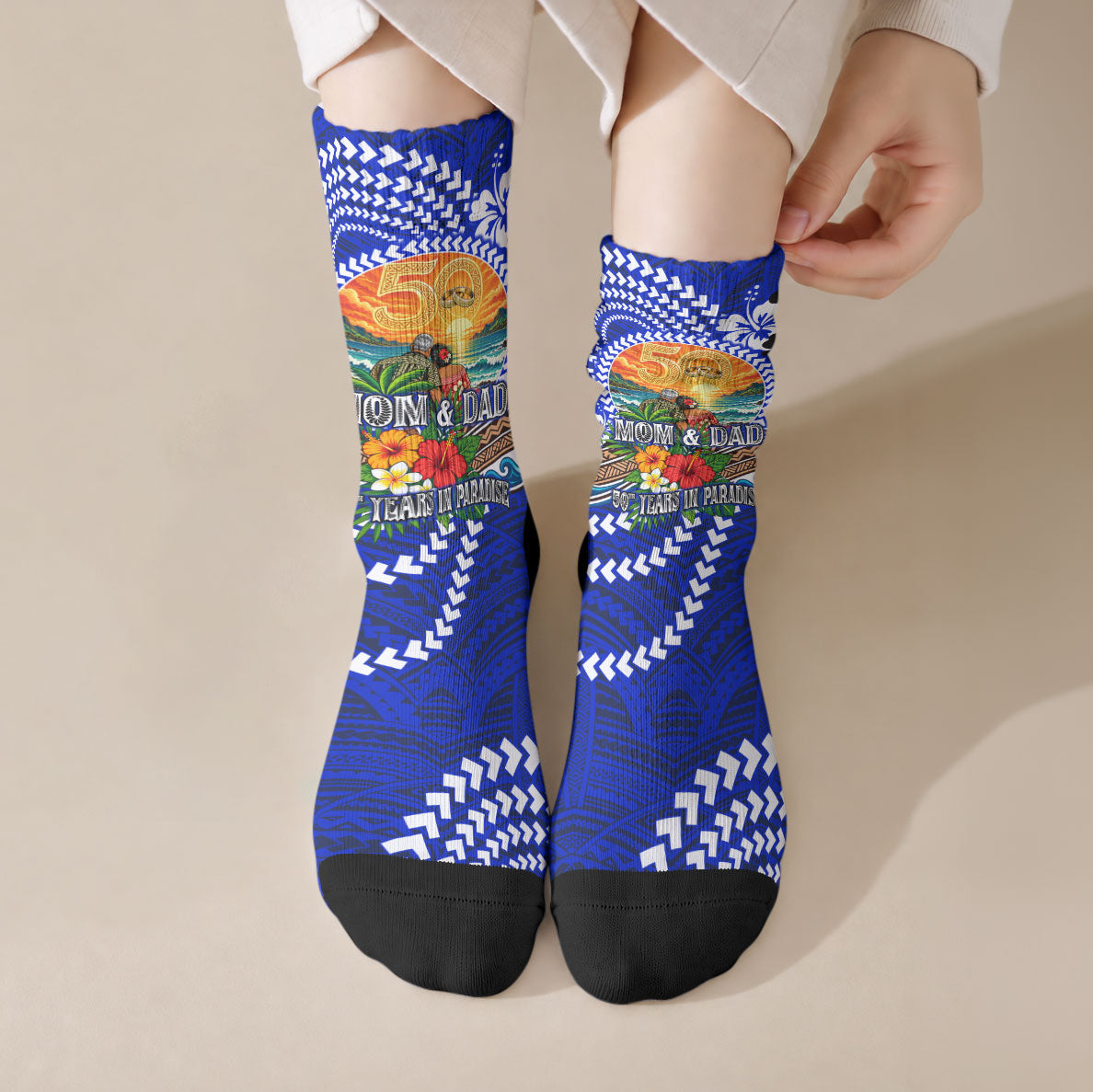 50th Anniversary Wedding Polynesian Crew Socks Mom And Dad Floral Tribal Jubilee Tropical TS04 Crew Socks Blue - Polynesian Pride
