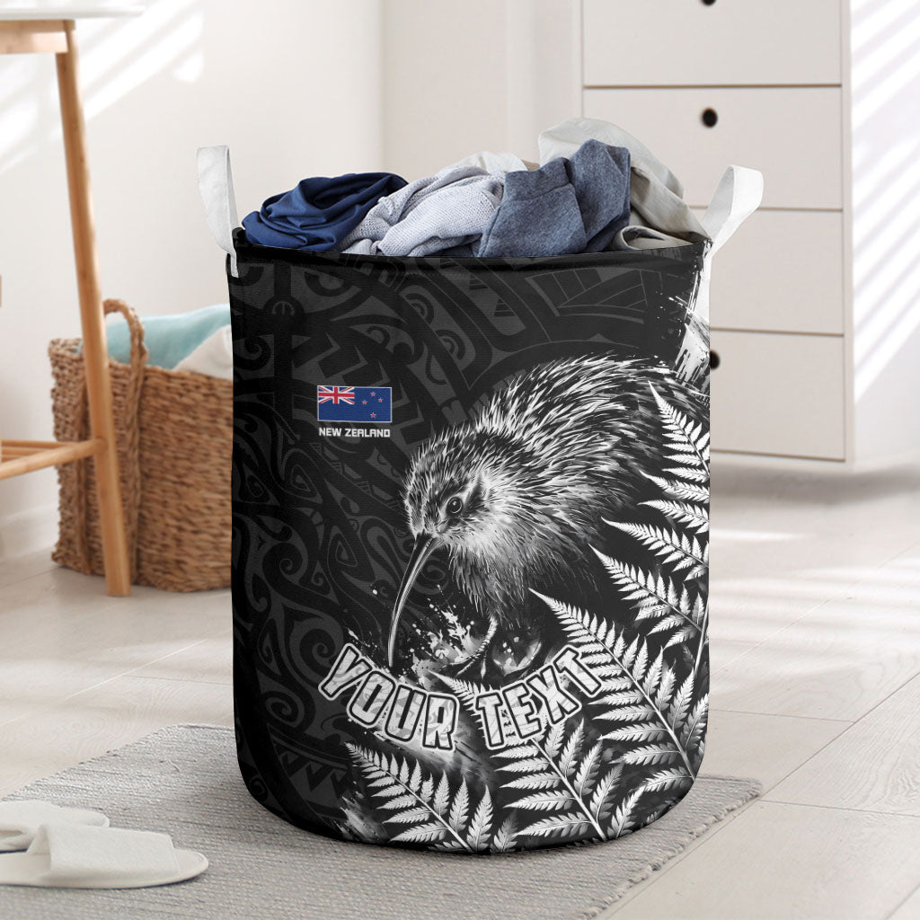 Personalized New Zealand Kiwi Bird Laundry Basket Grunge Maori Tribal Pattern Silver Fern TS04 Black White - Polynesian Pride