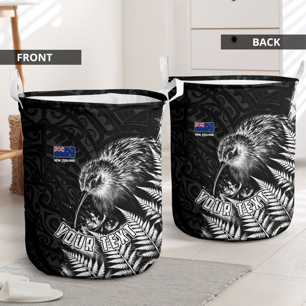 Personalized New Zealand Kiwi Bird Laundry Basket Grunge Maori Tribal Pattern Silver Fern