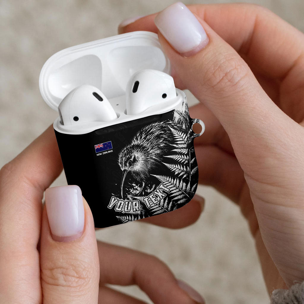 Personalized New Zealand Kiwi Bird AirPods Case Grunge Maori Tribal Pattern Silver Fern