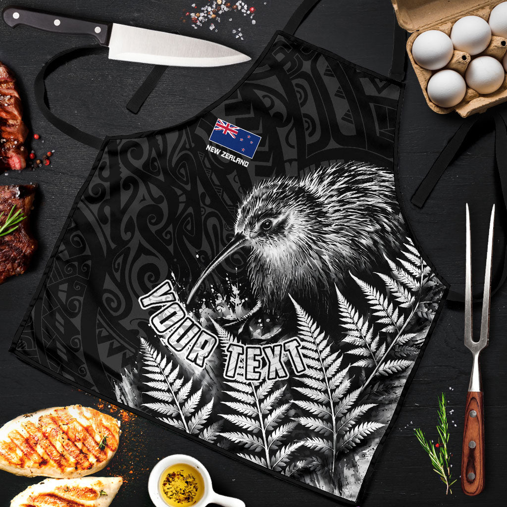 Personalized New Zealand Kiwi Bird Apron Grunge Maori Tribal Pattern Silver Fern