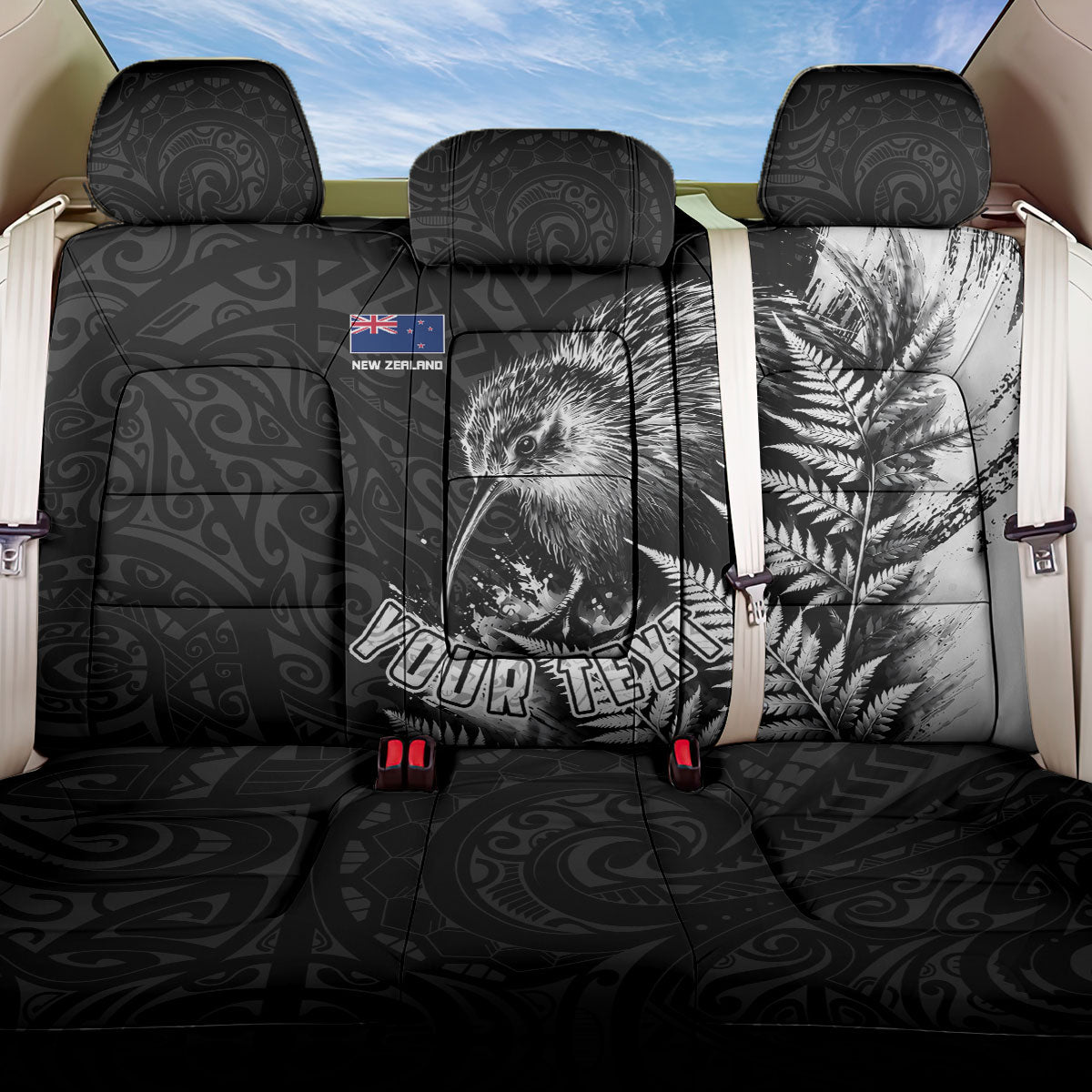 Personalized New Zealand Kiwi Bird Back Car Seat Cover Grunge Maori Tribal Pattern Silver Fern