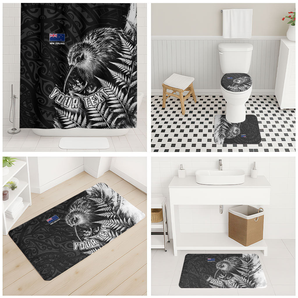 Personalized New Zealand Kiwi Bird Bathroom Set Grunge Maori Tribal Pattern Silver Fern