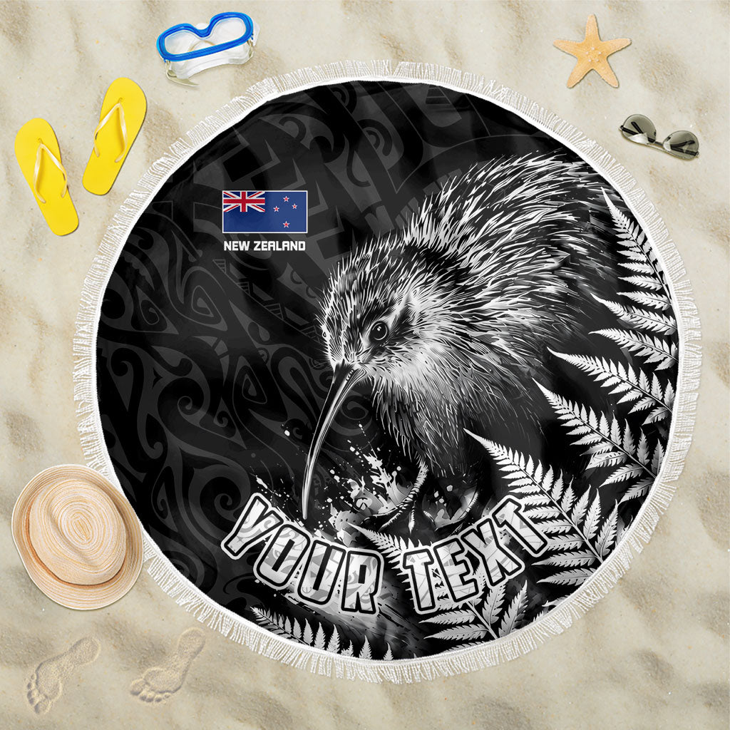 Personalized New Zealand Kiwi Bird Beach Blanket Grunge Maori Tribal Pattern Silver Fern TS04 One Size 150cm Black White - Polynesian Pride