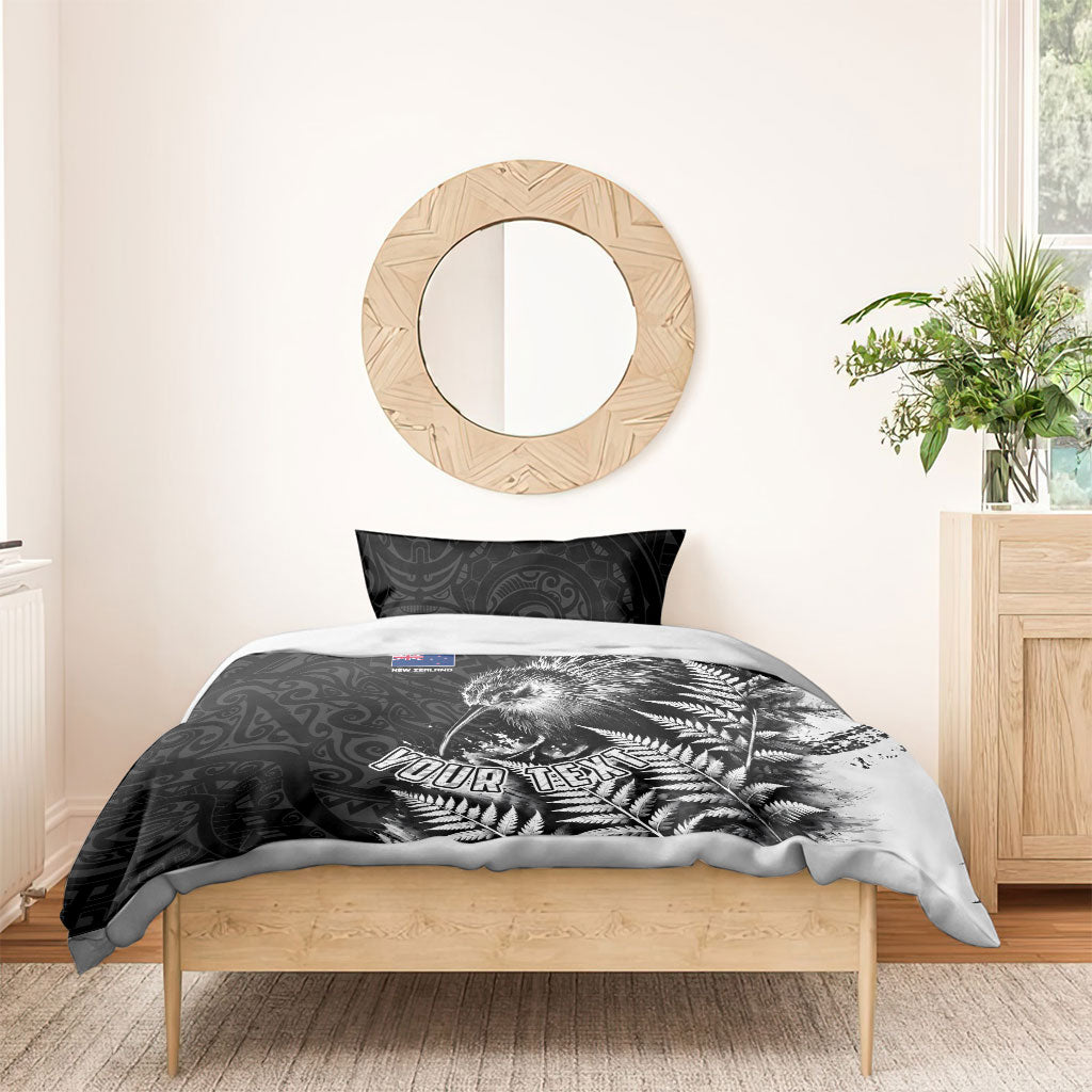 Personalized New Zealand Kiwi Bird Bedding Set Grunge Maori Tribal Pattern Silver Fern