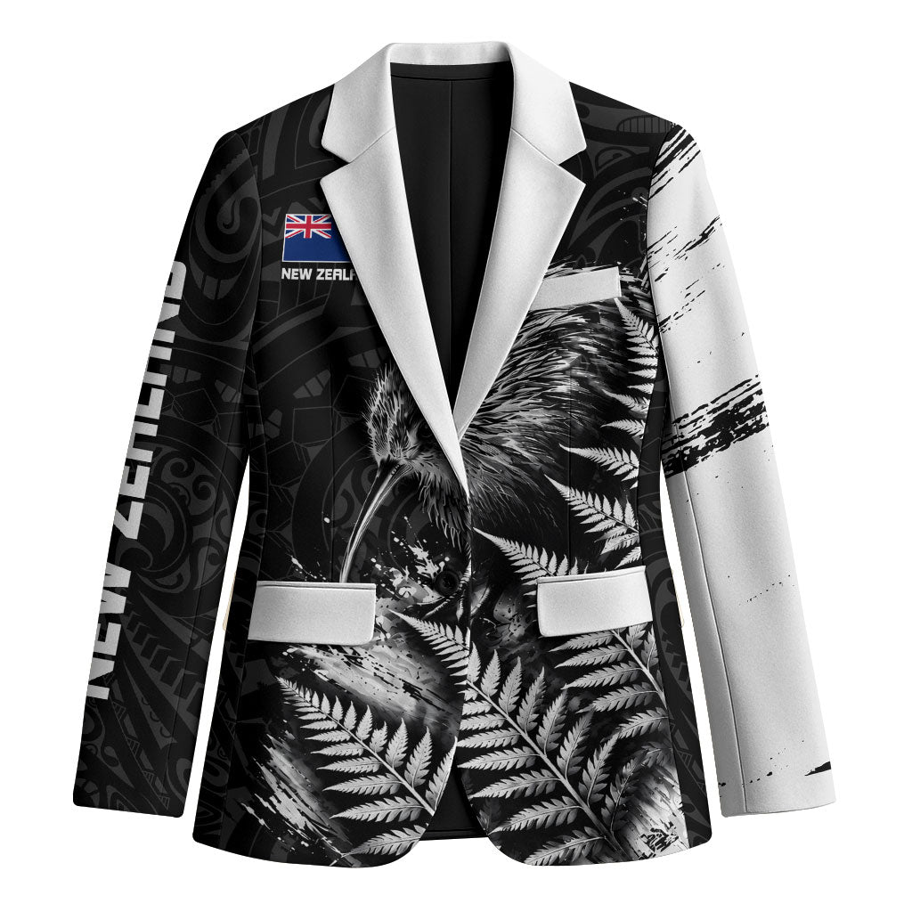 Personalized New Zealand Kiwi Bird Blazer Grunge Maori Tribal Pattern Silver Fern