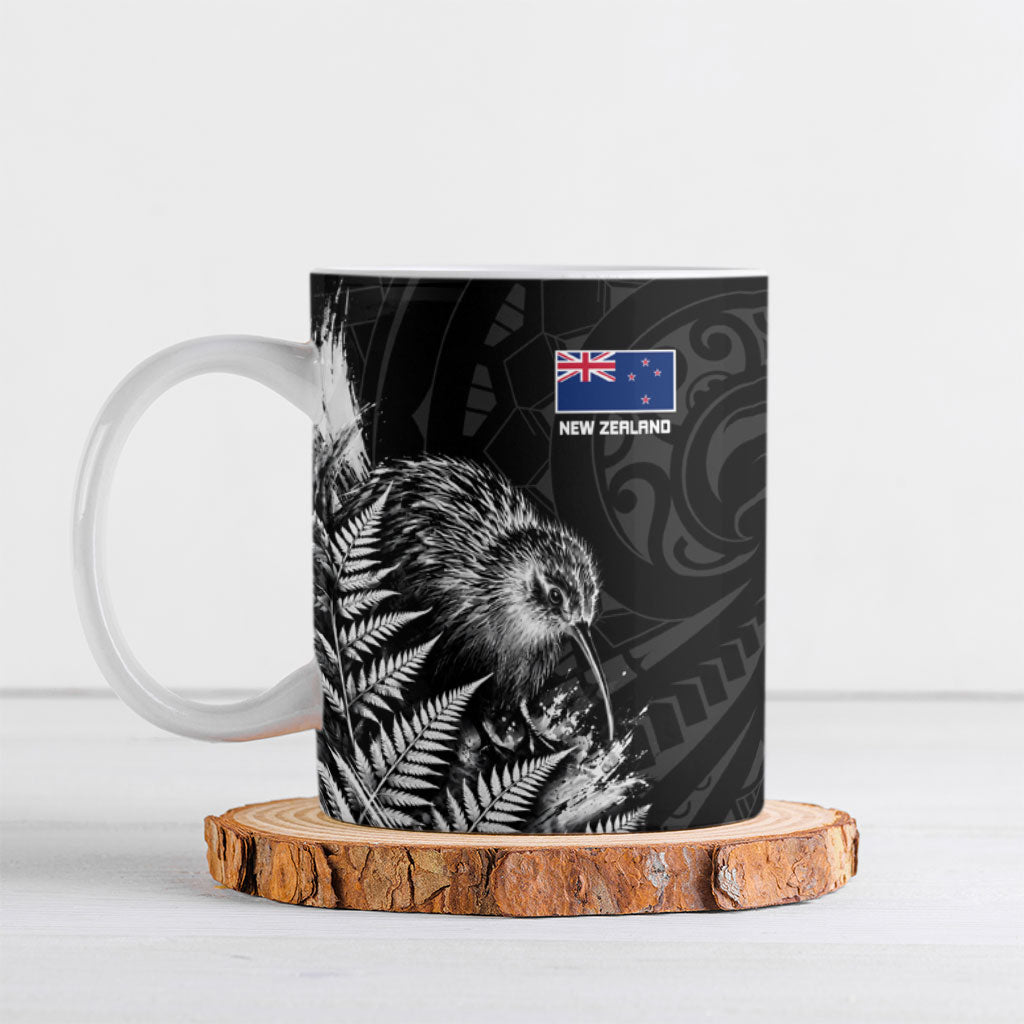 Personalized New Zealand Kiwi Bird Ceramic Mug Grunge Maori Tribal Pattern Silver Fern