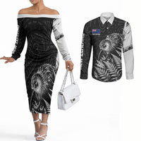 Personalized New Zealand Kiwi Bird Couples Matching Off The Shoulder Long Sleeve Dress and Long Sleeve Button Shirt Grunge Maori Tribal Pattern Silver Fern