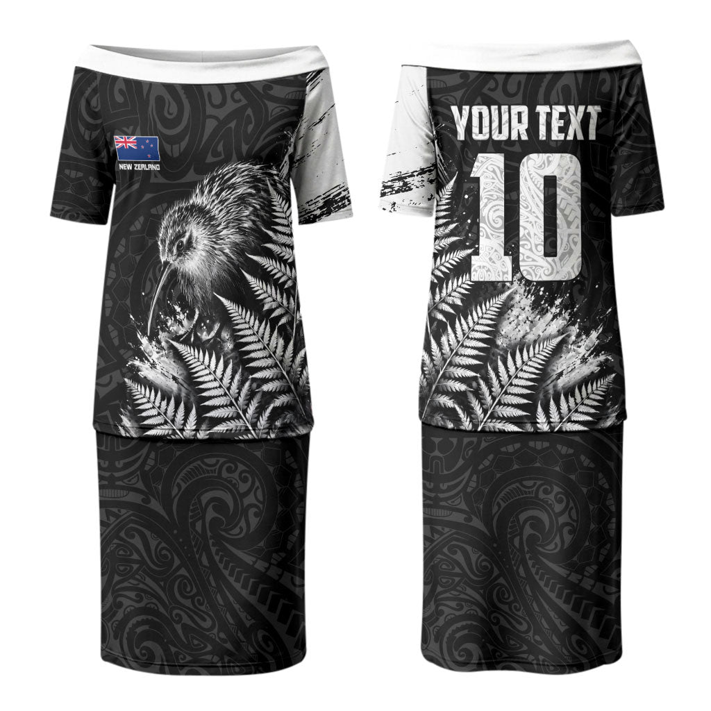Personalized New Zealand Kiwi Bird Couples Matching Puletasi and Long Sleeve Button Shirt Grunge Maori Tribal Pattern Silver Fern
