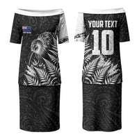 Personalized New Zealand Kiwi Bird Couples Matching Puletasi and Long Sleeve Button Shirt Grunge Maori Tribal Pattern Silver Fern