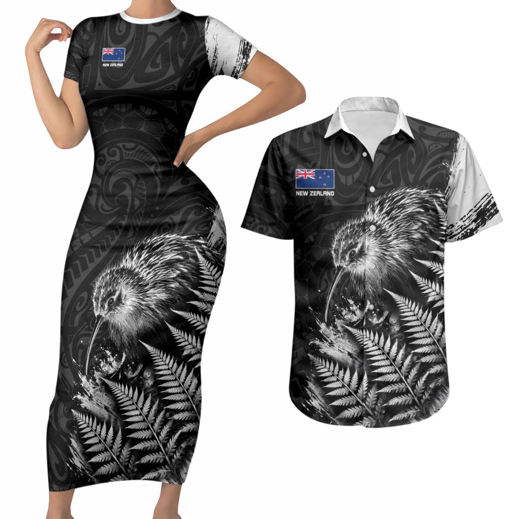 Personalized New Zealand Kiwi Bird Couples Matching Short Sleeve Bodycon Dress and Hawaiian Shirt Grunge Maori Tribal Pattern Silver Fern TS04 Black White - Polynesian Pride