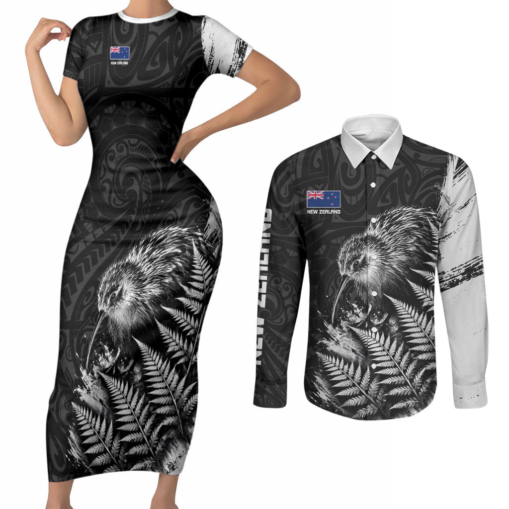 Personalized New Zealand Kiwi Bird Couples Matching Short Sleeve Bodycon Dress and Long Sleeve Button Shirt Grunge Maori Tribal Pattern Silver Fern TS04 Black White - Polynesian Pride