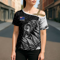 Personalized New Zealand Kiwi Bird Cross Shoulder Shirt Grunge Maori Tribal Pattern Silver Fern