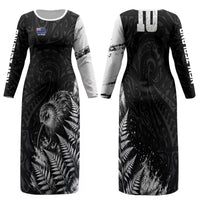 Personalized New Zealand Kiwi Bird Family Matching Long Sleeve Bodycon Dress and Hawaiian Shirt Grunge Maori Tribal Pattern Silver Fern