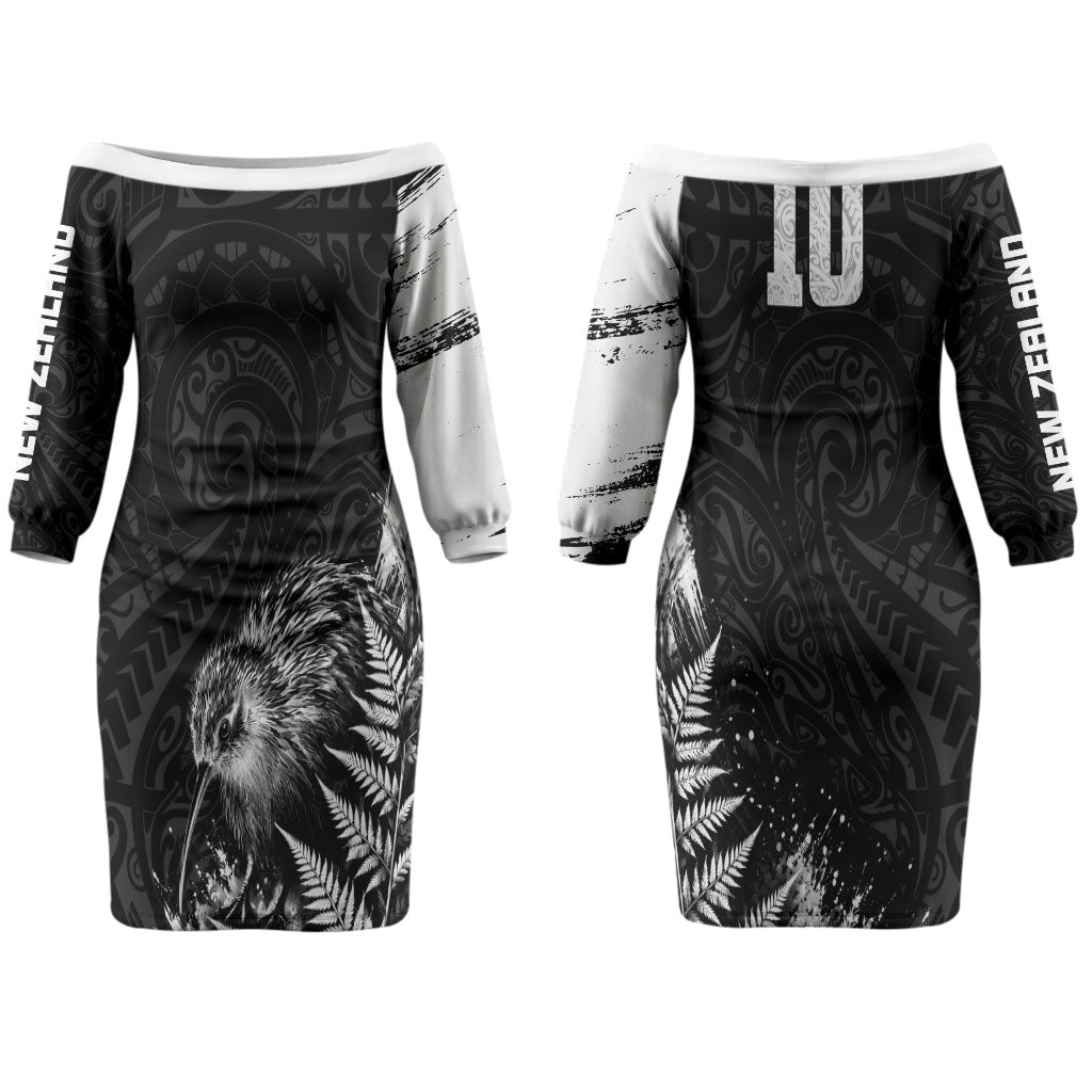 Personalized New Zealand Kiwi Bird Family Matching Off The Shoulder Long Sleeve Dress and Hawaiian Shirt Grunge Maori Tribal Pattern Silver Fern