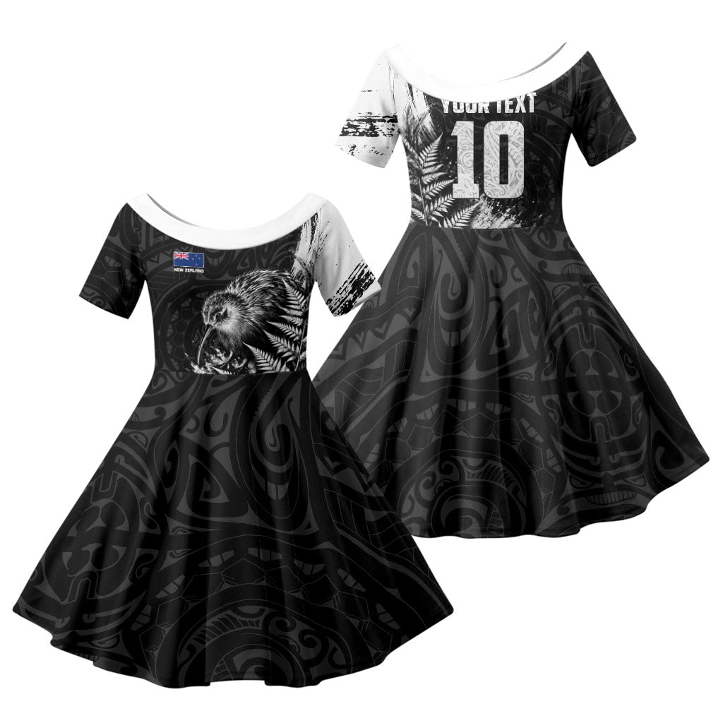 Personalized New Zealand Kiwi Bird Family Matching Off The Shoulder Long Sleeve Dress and Hawaiian Shirt Grunge Maori Tribal Pattern Silver Fern