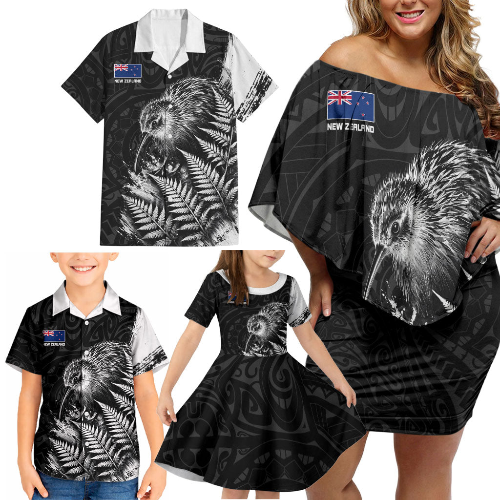 Personalized New Zealand Kiwi Bird Family Matching Off Shoulder Short Dress and Hawaiian Shirt Grunge Maori Tribal Pattern Silver Fern TS04 - Polynesian Pride