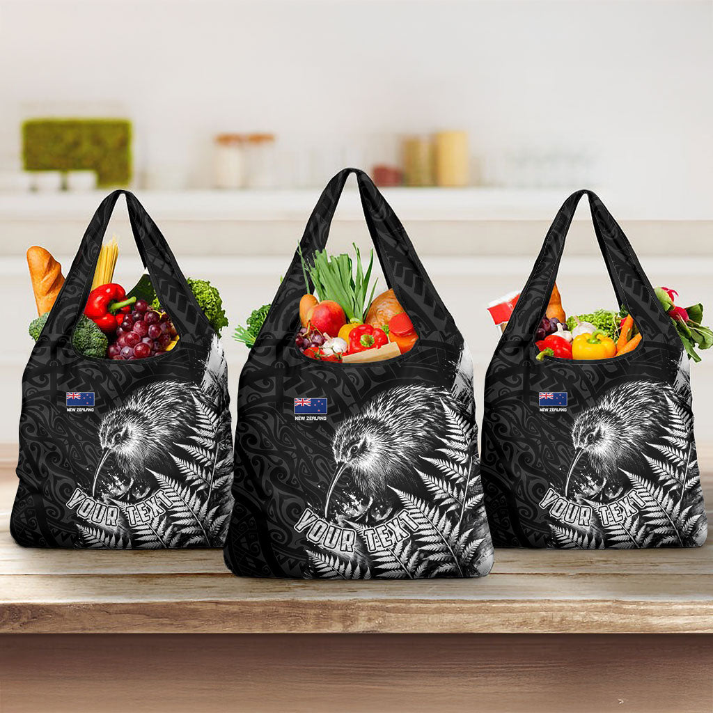 Personalized New Zealand Kiwi Bird Grocery Bag Grunge Maori Tribal Pattern Silver Fern