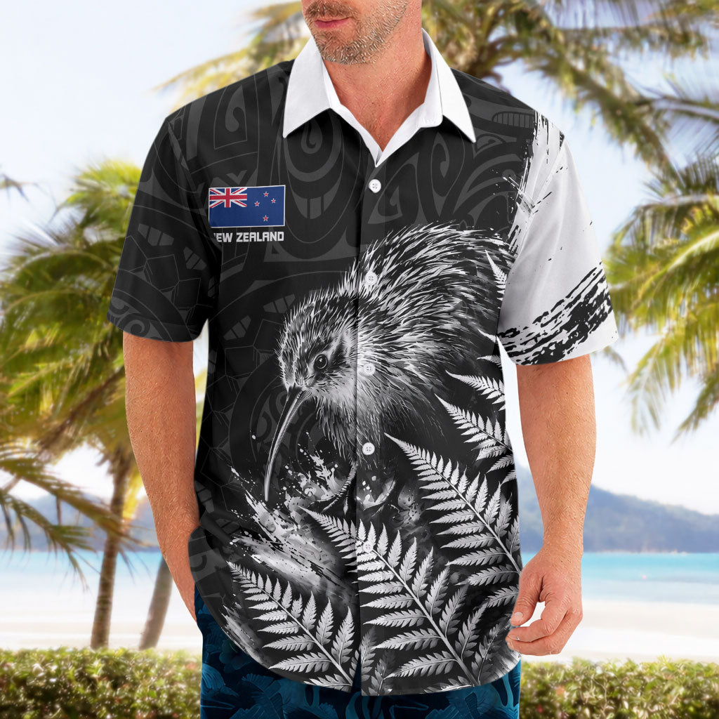 Personalized New Zealand Kiwi Bird Hawaiian Shirt Grunge Maori Tribal Pattern Silver Fern