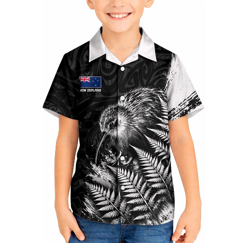 Personalized New Zealand Kiwi Bird Kid Hawaiian Shirt Grunge Maori Tribal Pattern Silver Fern