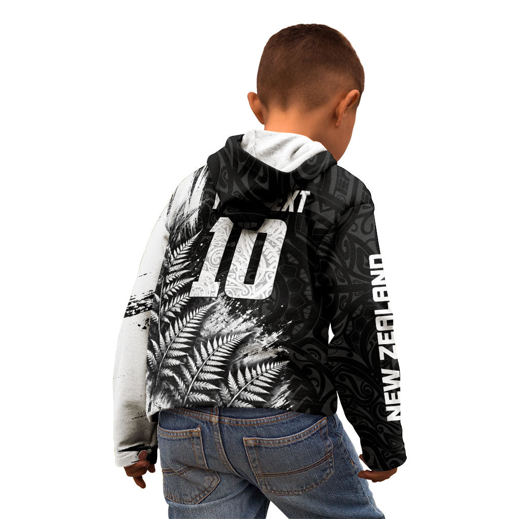 Personalized New Zealand Kiwi Bird Kid Hoodie Grunge Maori Tribal Pattern Silver Fern