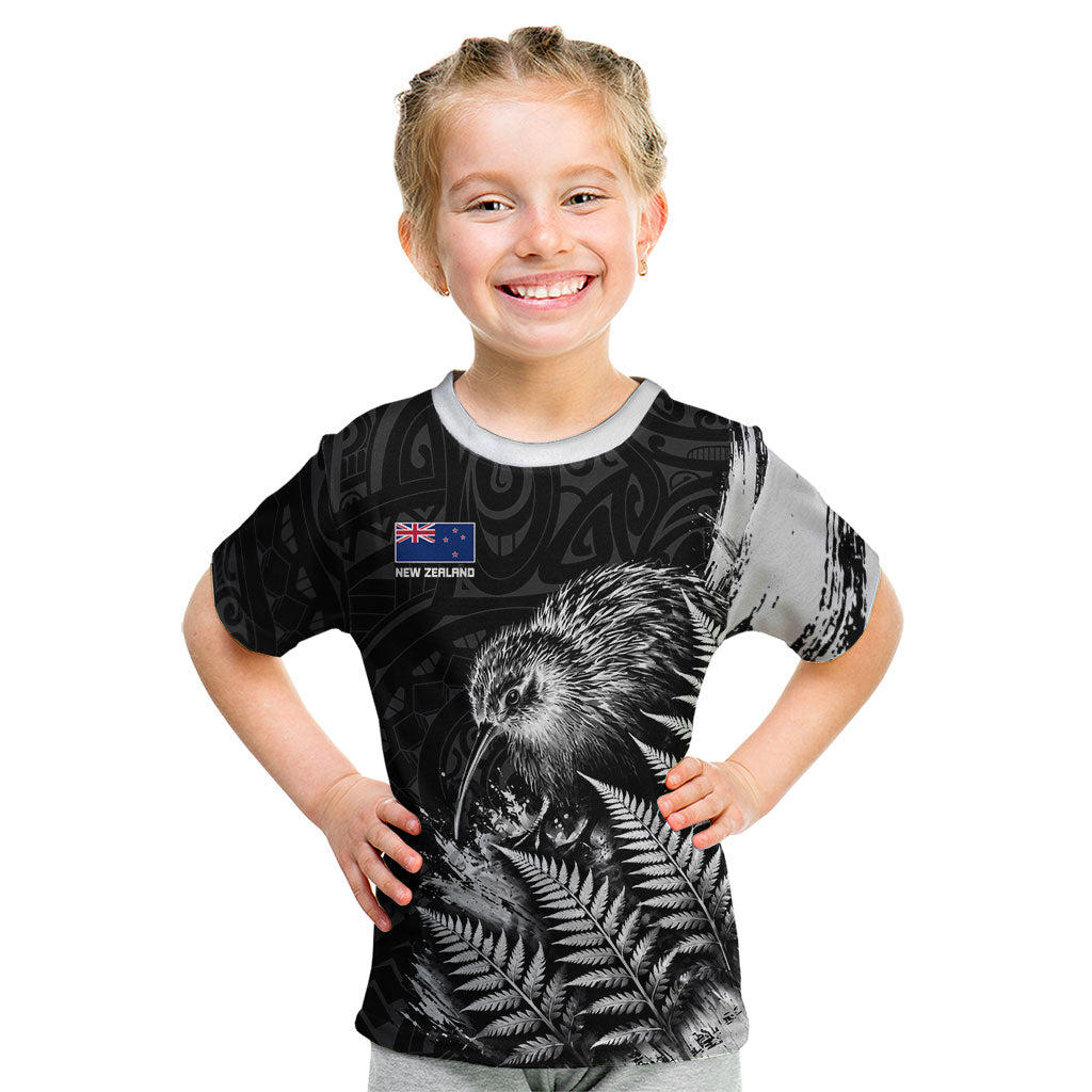 Personalized New Zealand Kiwi Bird Kid T Shirt Grunge Maori Tribal Pattern Silver Fern